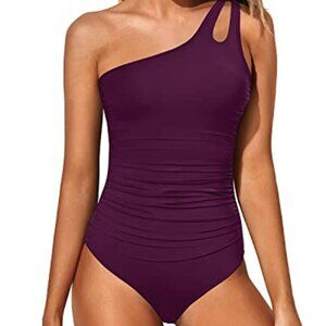 One shoulder rusched swimsuit with tummy control, NWT, Size M, maroon color